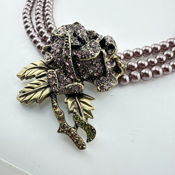 Heidi Daus Necklace Purple Blooming Rose Crystal Pearl Flower Triple Strand - Picture 11 of 13